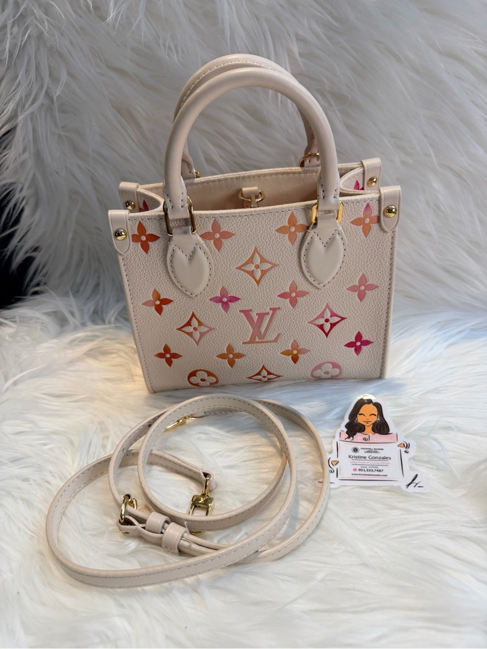 Louis Vuitton ‘On The Go’ Mini Tote with Pink & Orange Monogram Accents.